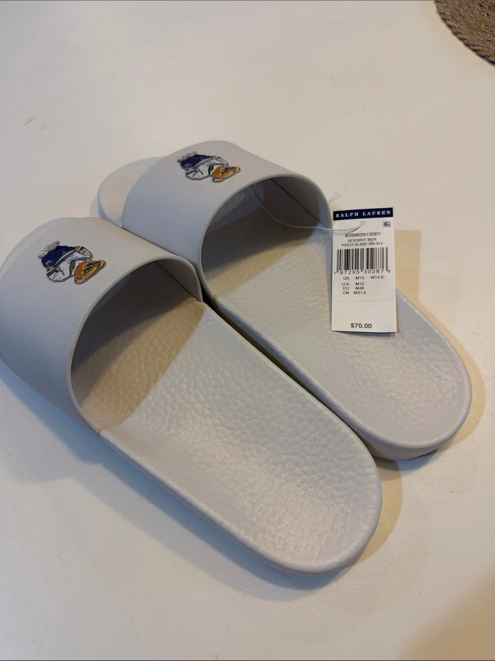 Ralph Lauren Mens White Slide Sandals with Polo Bear Graphic Sz 13. New. Box28